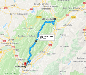 A map showing our 'Off the beaten Track Route' through Chartreuse Natural Park, Chambéry to Grenoble, France