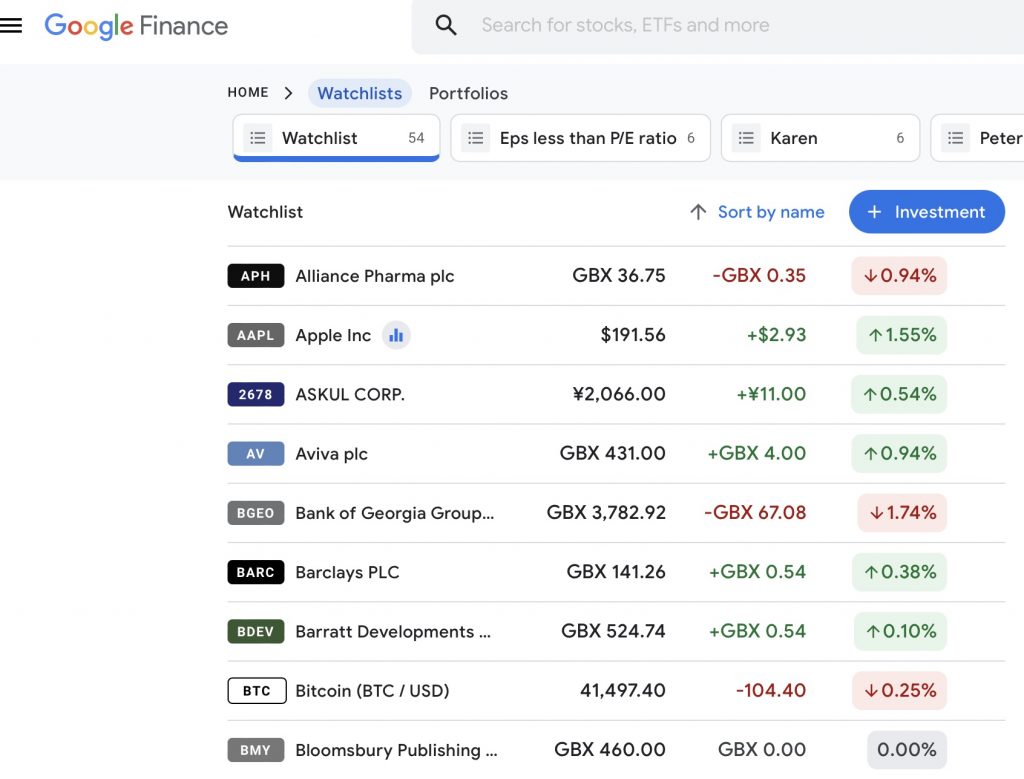 Google finance Watchlist