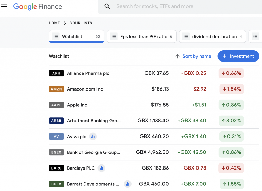 Stock market investing- Google Finance
