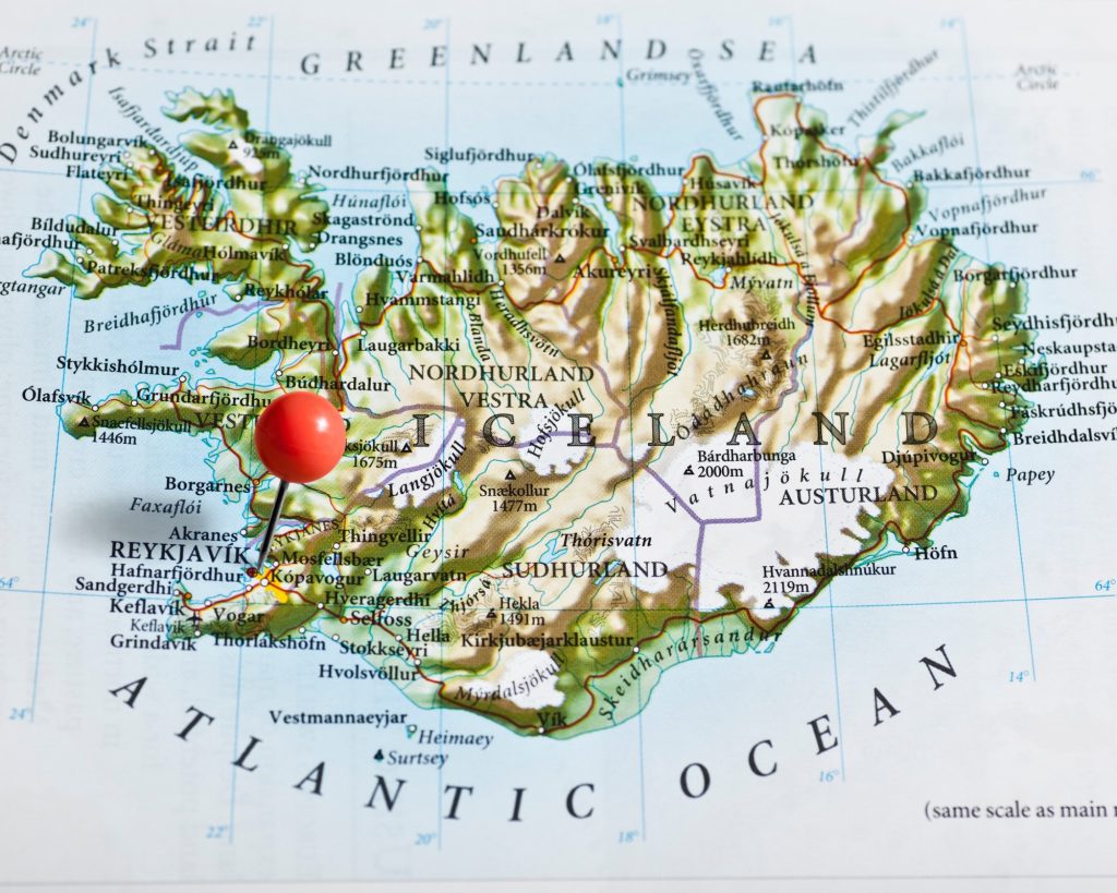 Iceland map with Reykjavik pin