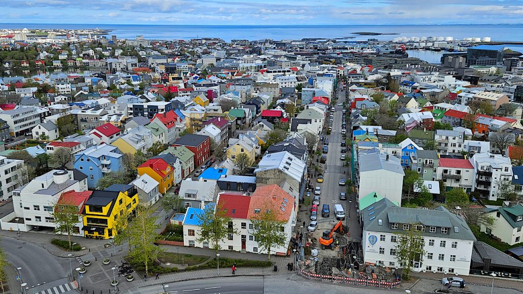 The kaleidoscope of roof tops visible from the bell tower of the Cathedral in Reykjavik 