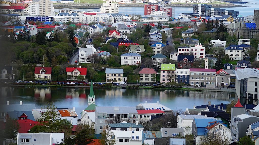 A close up view from the Hallgrímskirkja bell tower in Reykjavik 