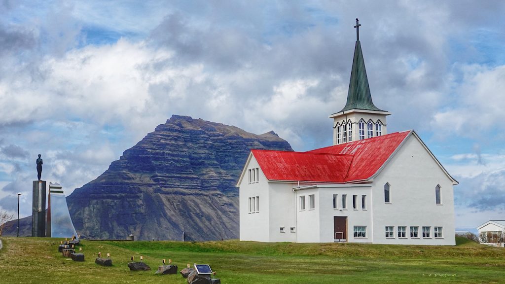 Rif church with the Kirkjufell mountain on the Snæfellsnes Peninsula as its backdrop